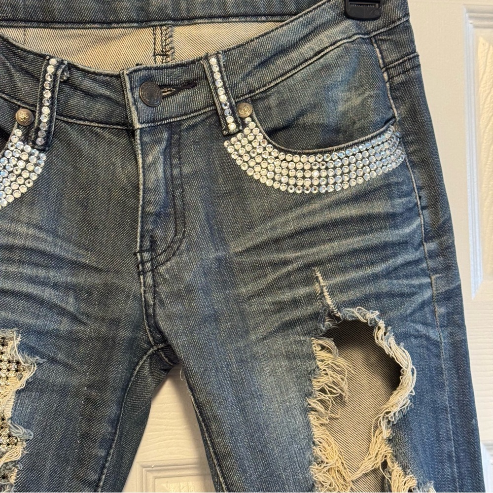 A7 Distressed Blue Jeans with Swarovski Crystals, Size 26 - Picture 3 of 12